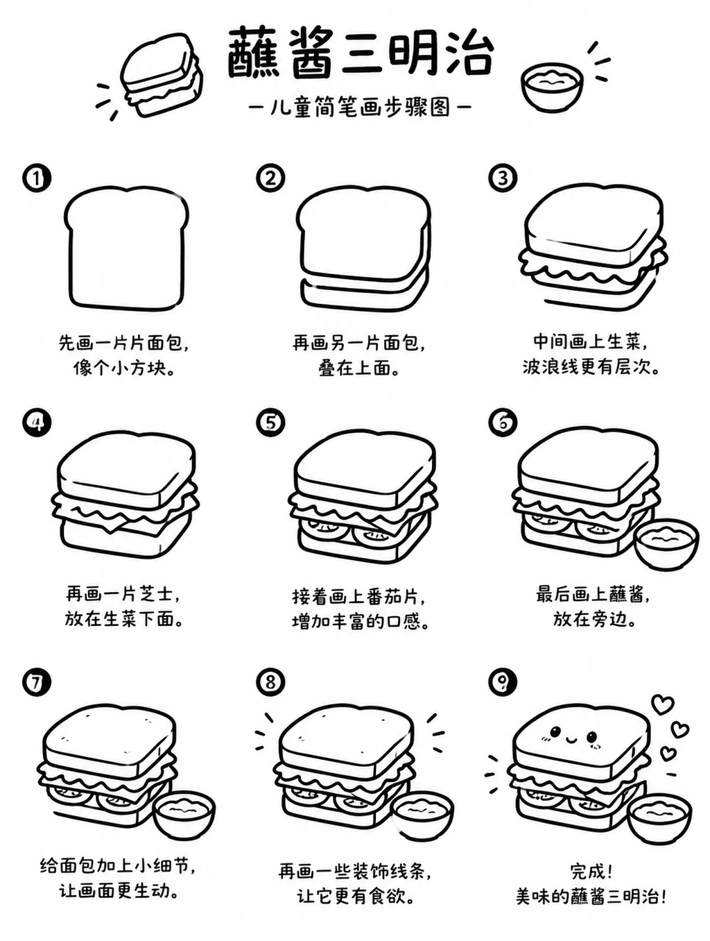 简单简笔画：蘸酱三明治怎么画