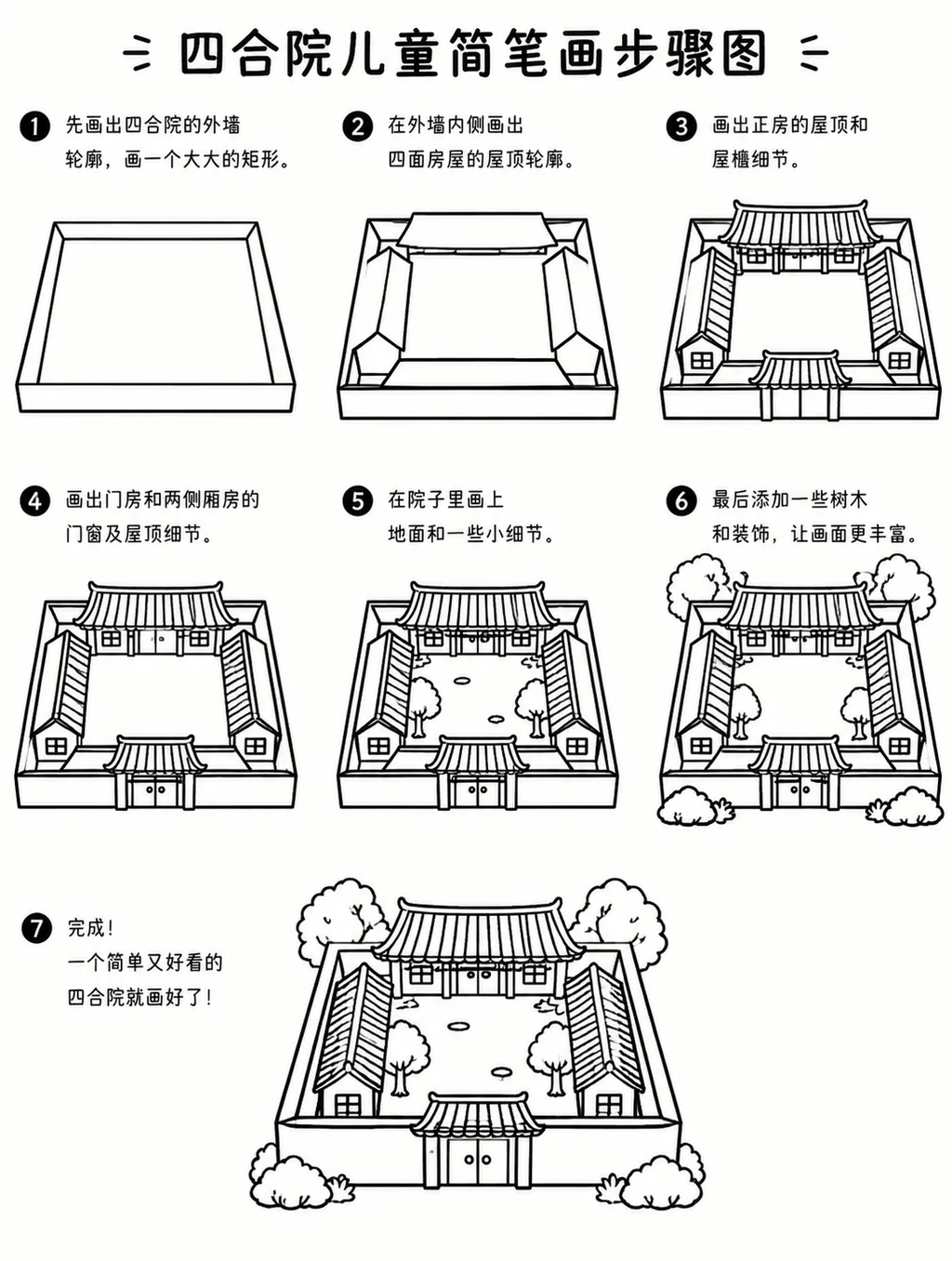 简单简笔画四合院步骤图