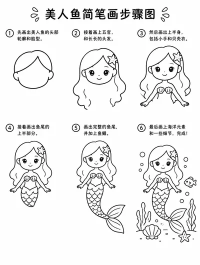 简单易学的美人鱼简笔画步骤