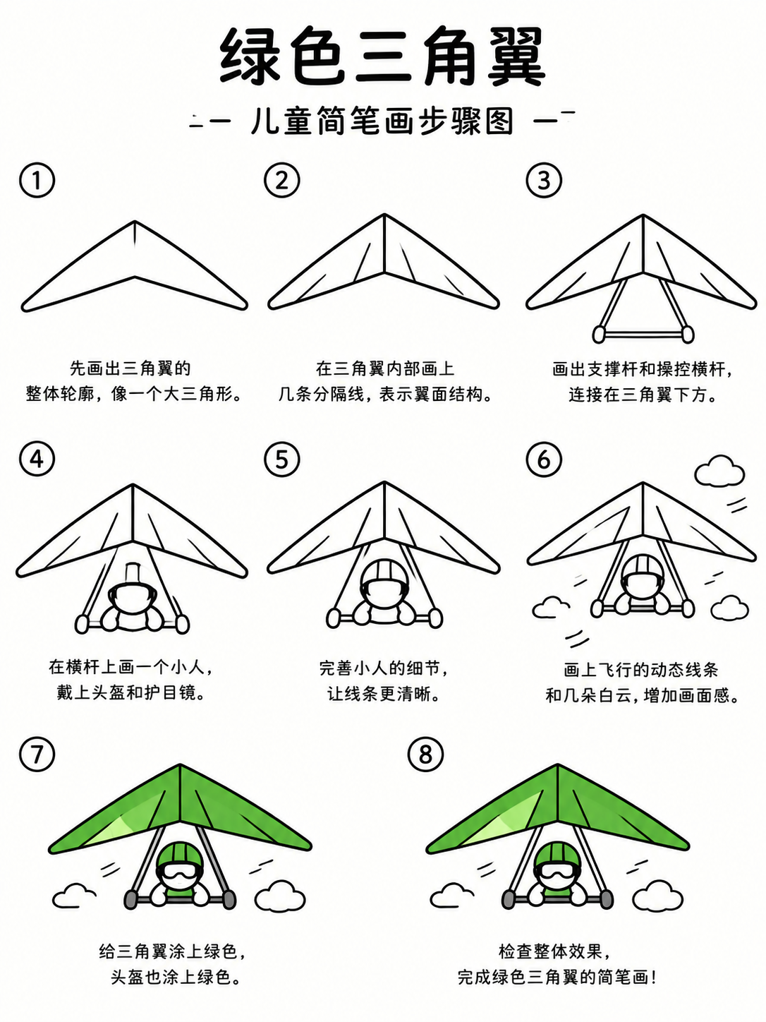 绿色三角翼儿童简笔画八步画出飞行小将