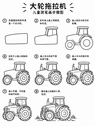 一看就会的大轮拖拉机简笔画画法