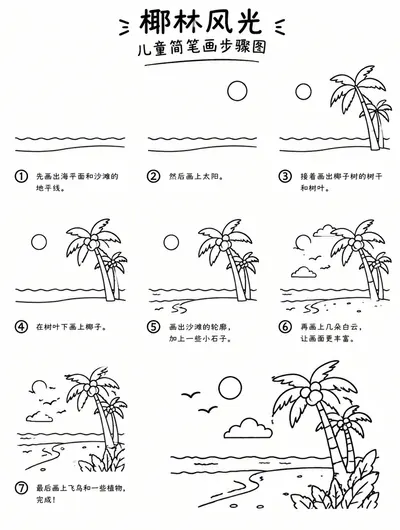 简笔画步骤图教程：椰林风光怎么画