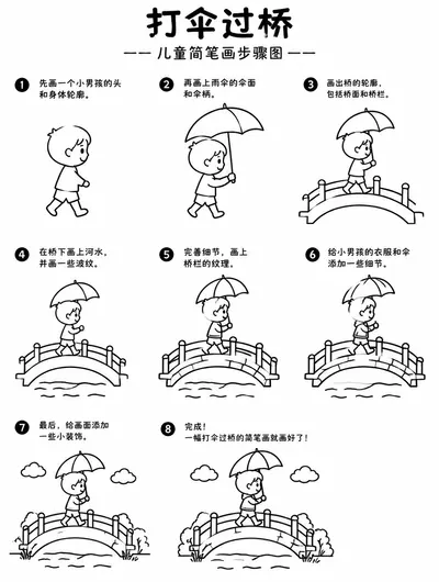 简单易学打伞过桥简笔画步骤图