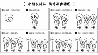 简笔画素描三孩排队全过程