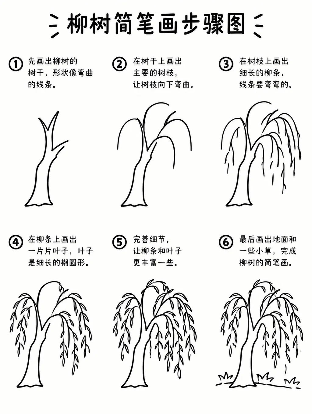 一看就会的柳树简笔画步骤图