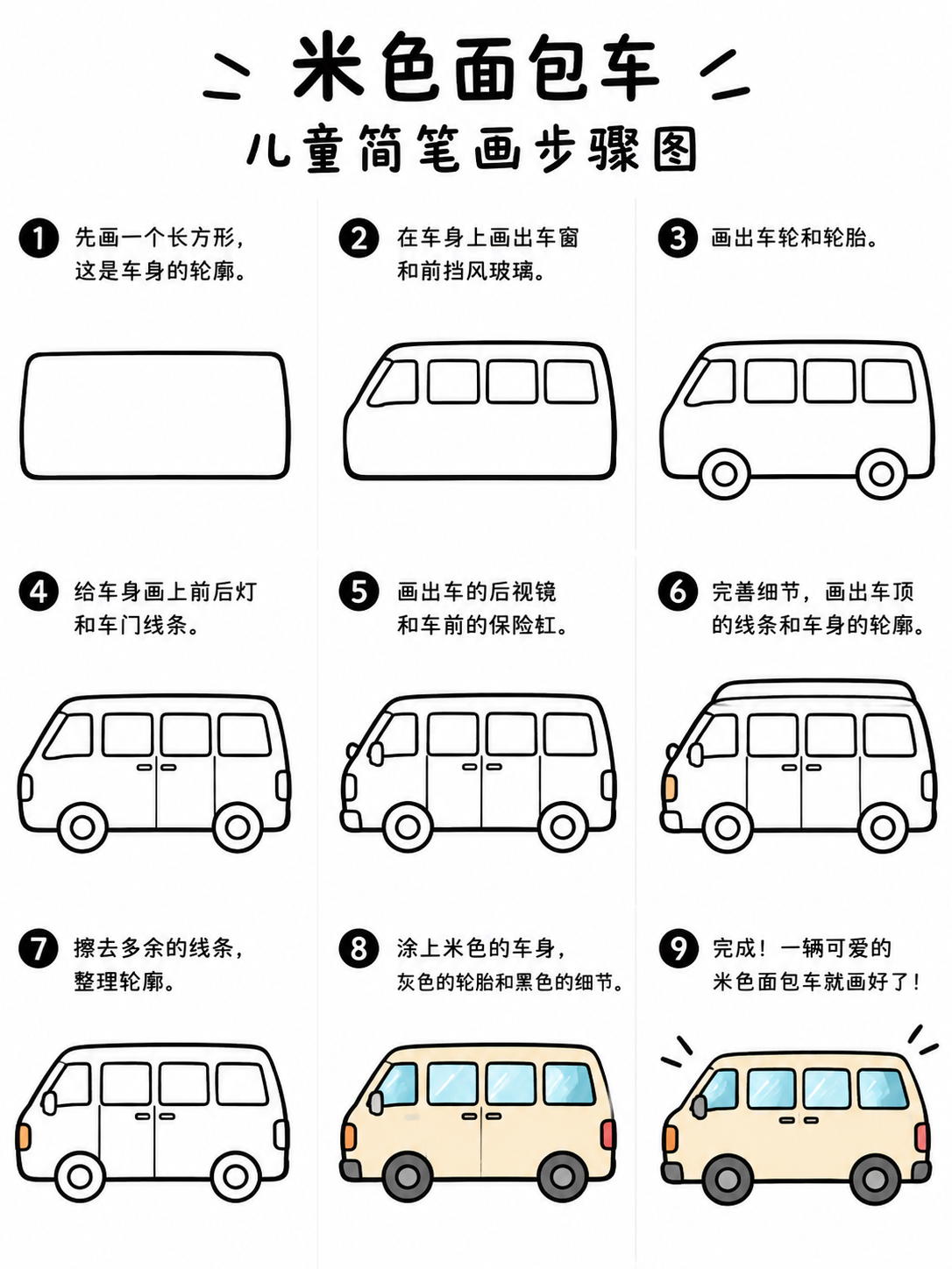 简笔画图片大全｜方头方脑米色面包车