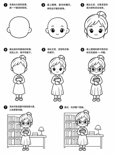 线条简笔画几步勾勒出斯文图书馆员形象