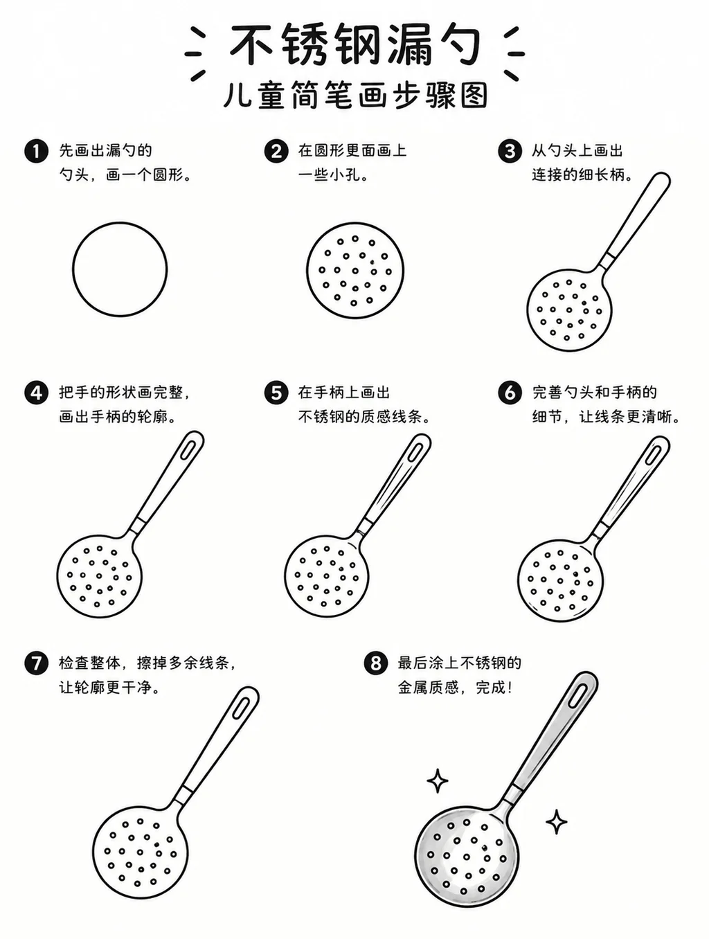 简笔画不锈钢漏勺步骤图：日常厨具画法超简单
