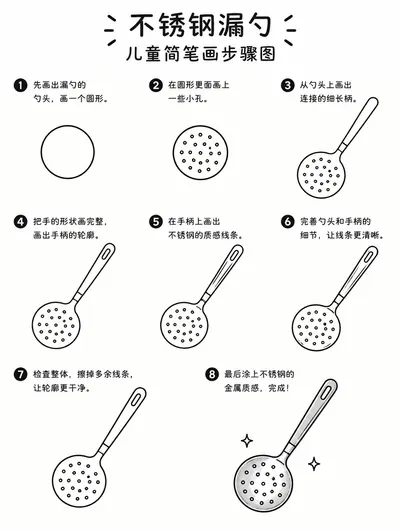简笔画不锈钢漏勺步骤图：日常厨具画法超简单