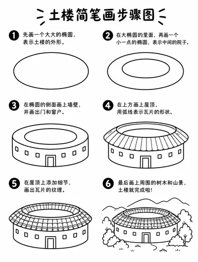 简单好画的土楼简笔画步骤图