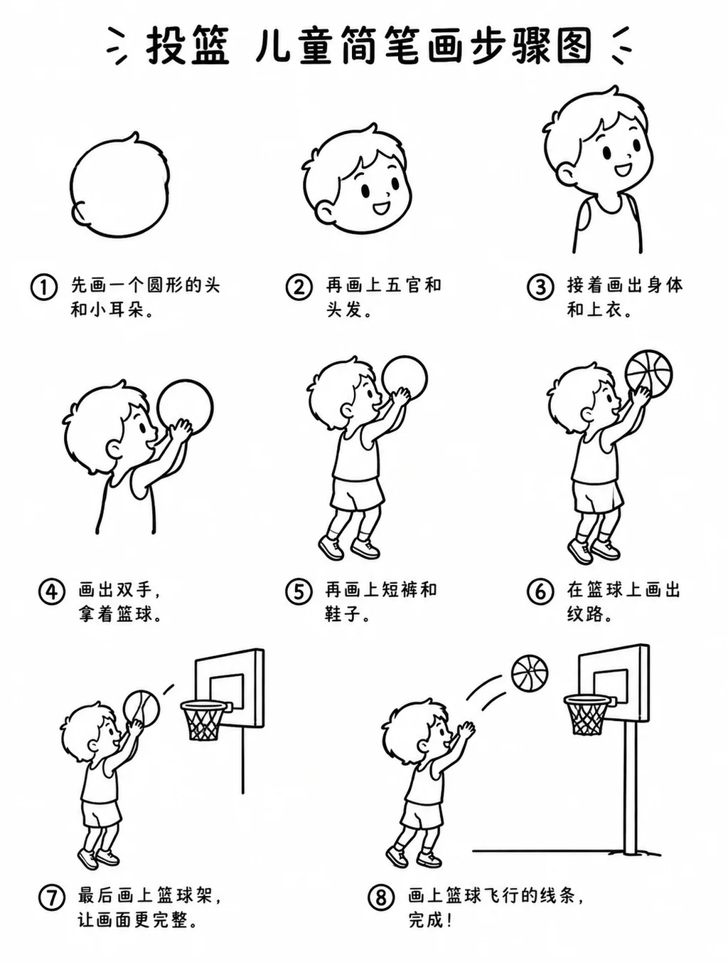 幼儿学画人物动作用简单简笔画教程：投篮