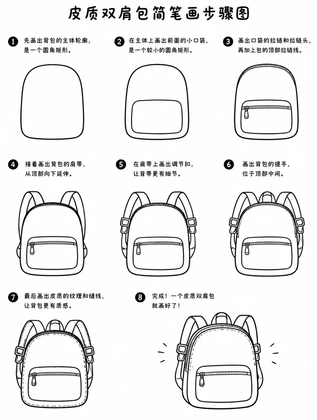 简单几步学会皮质双肩包简笔画画法