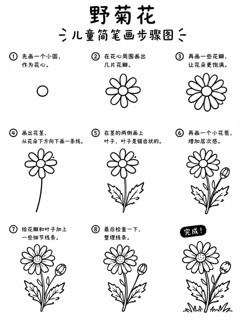 野菊花线条简笔画，八步就能勾勒出来