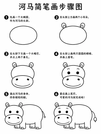 幼儿简笔画胖嘟嘟河马六步就能画