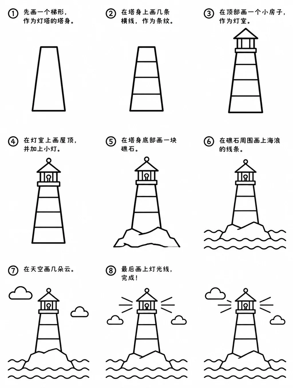 海边灯塔怎么画：简笔画步骤图