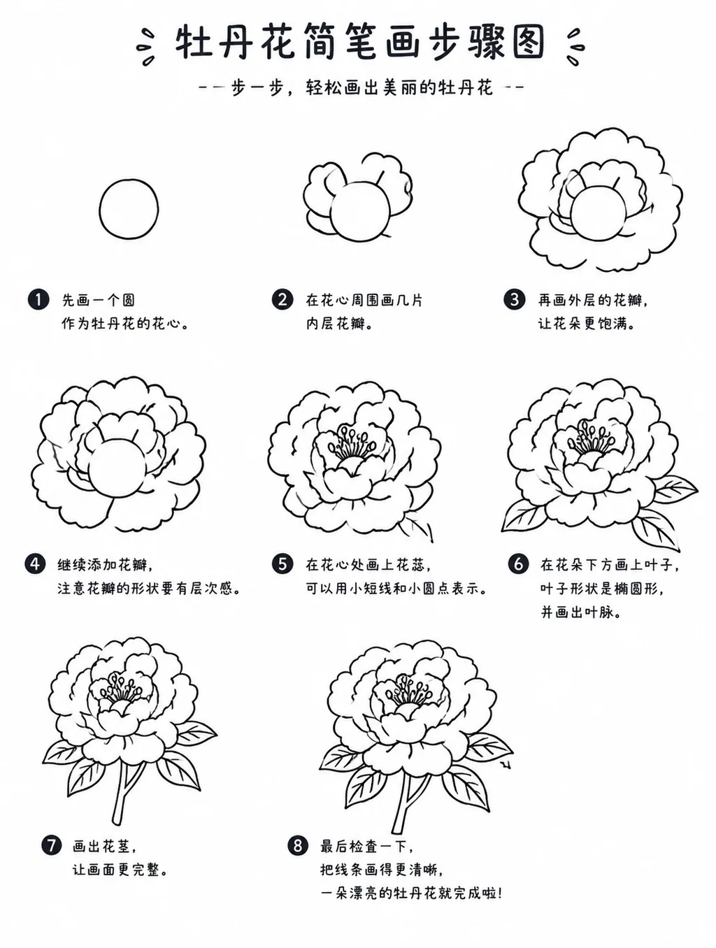 零基础也能画的牡丹花简笔画教程