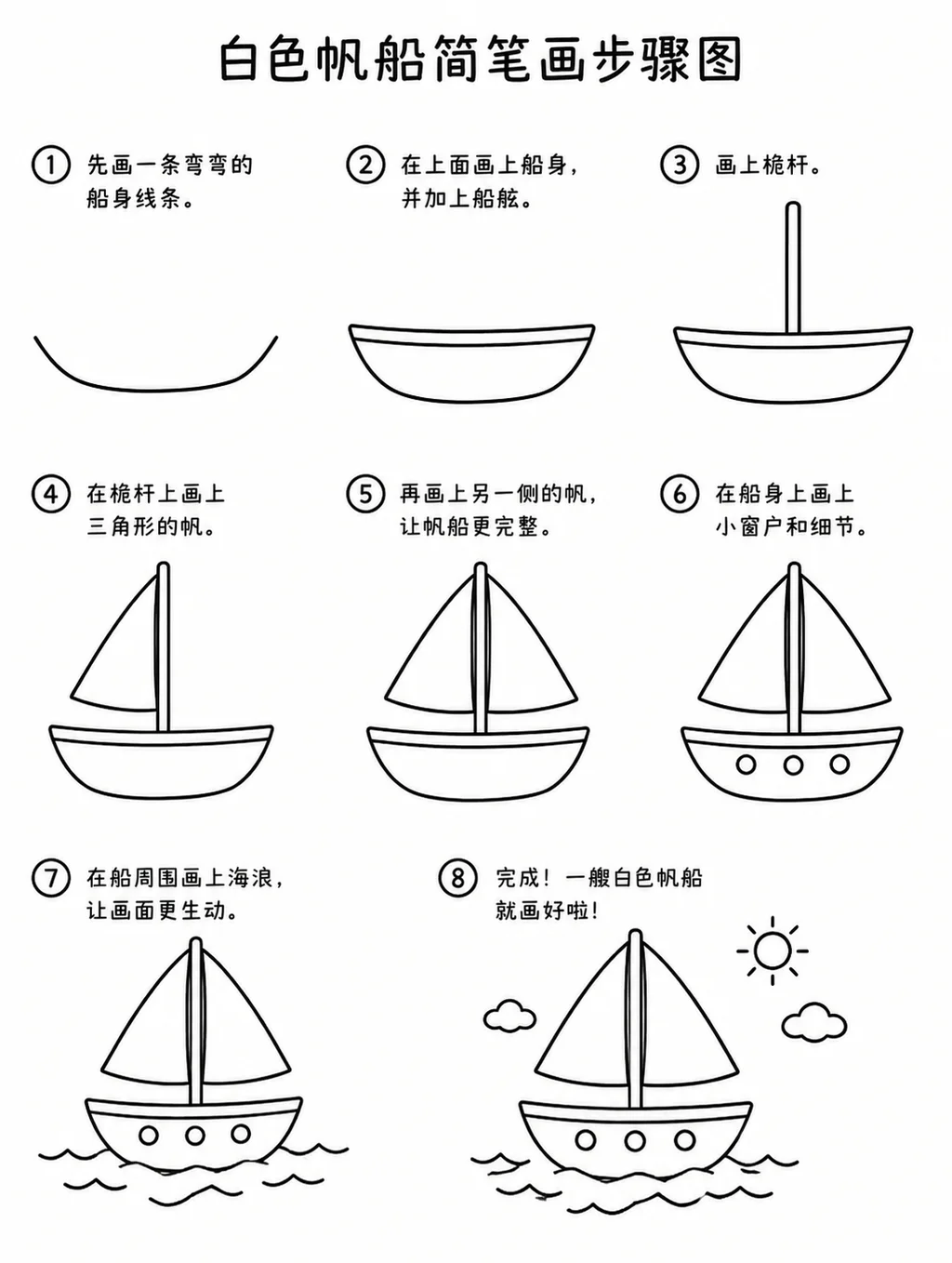 一看就会的白色帆船简笔画步骤图