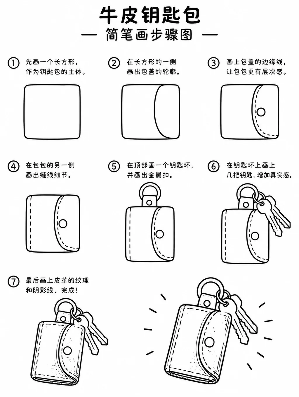 零基础也能画的牛皮钥匙包简笔画