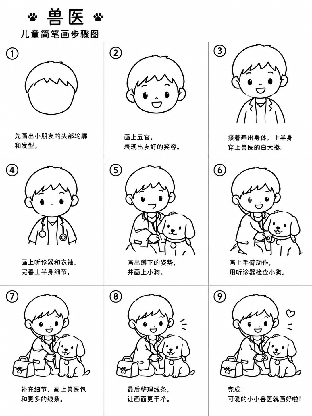 小朋友化身兽医的手绘简笔画范本