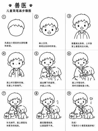 小朋友化身兽医的手绘简笔画范本