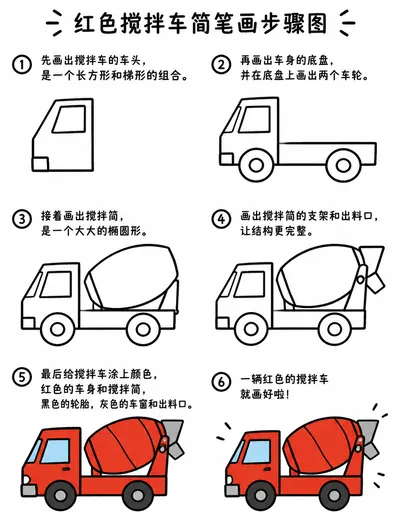 红色搅拌车儿童简笔画逐步画法